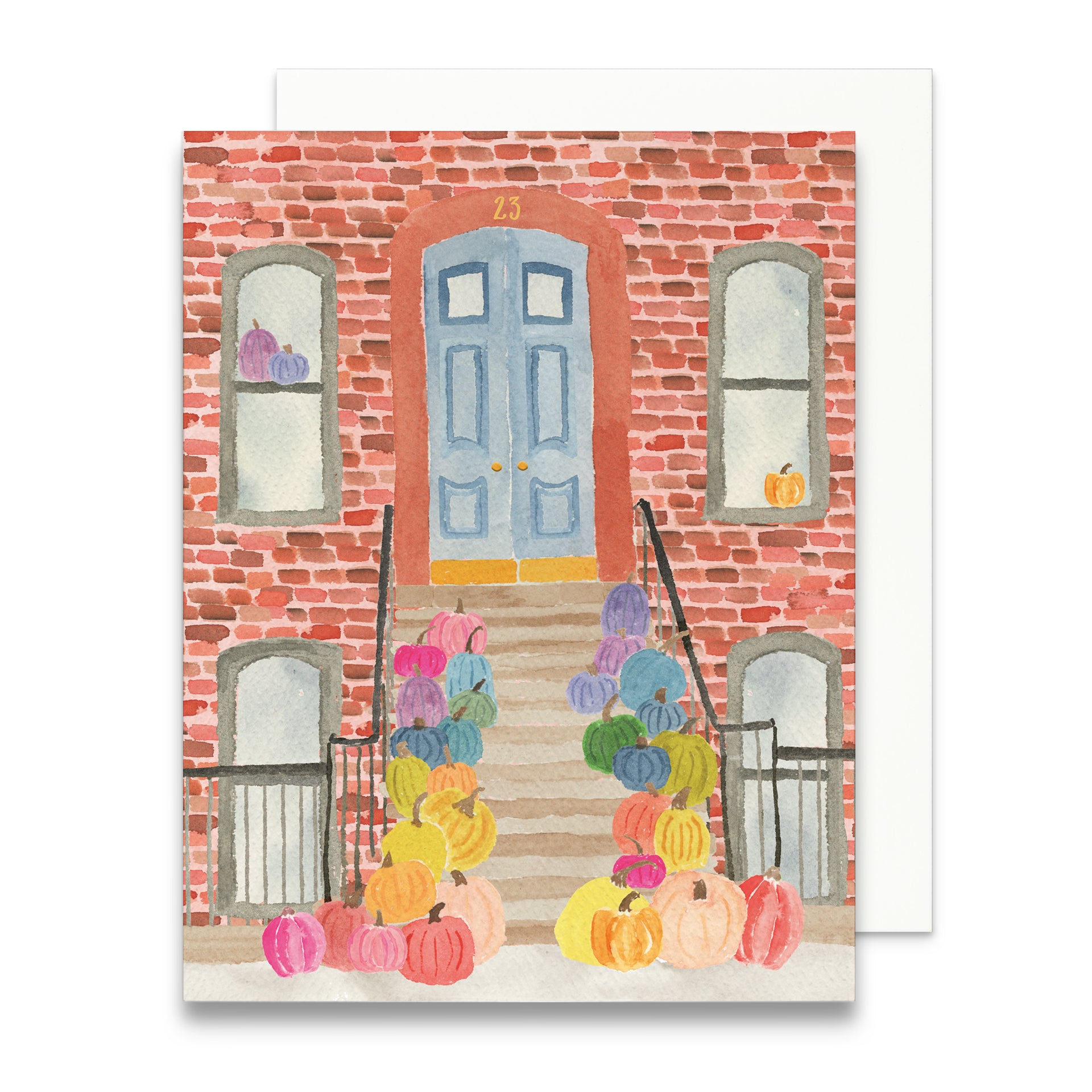Illustration of a brick building with a blue door and colorful pumpkins on the steps.