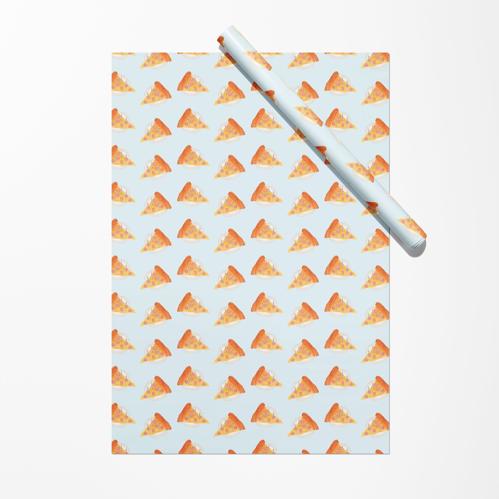 Roll of paper with pizza slice pattern on a light blue background