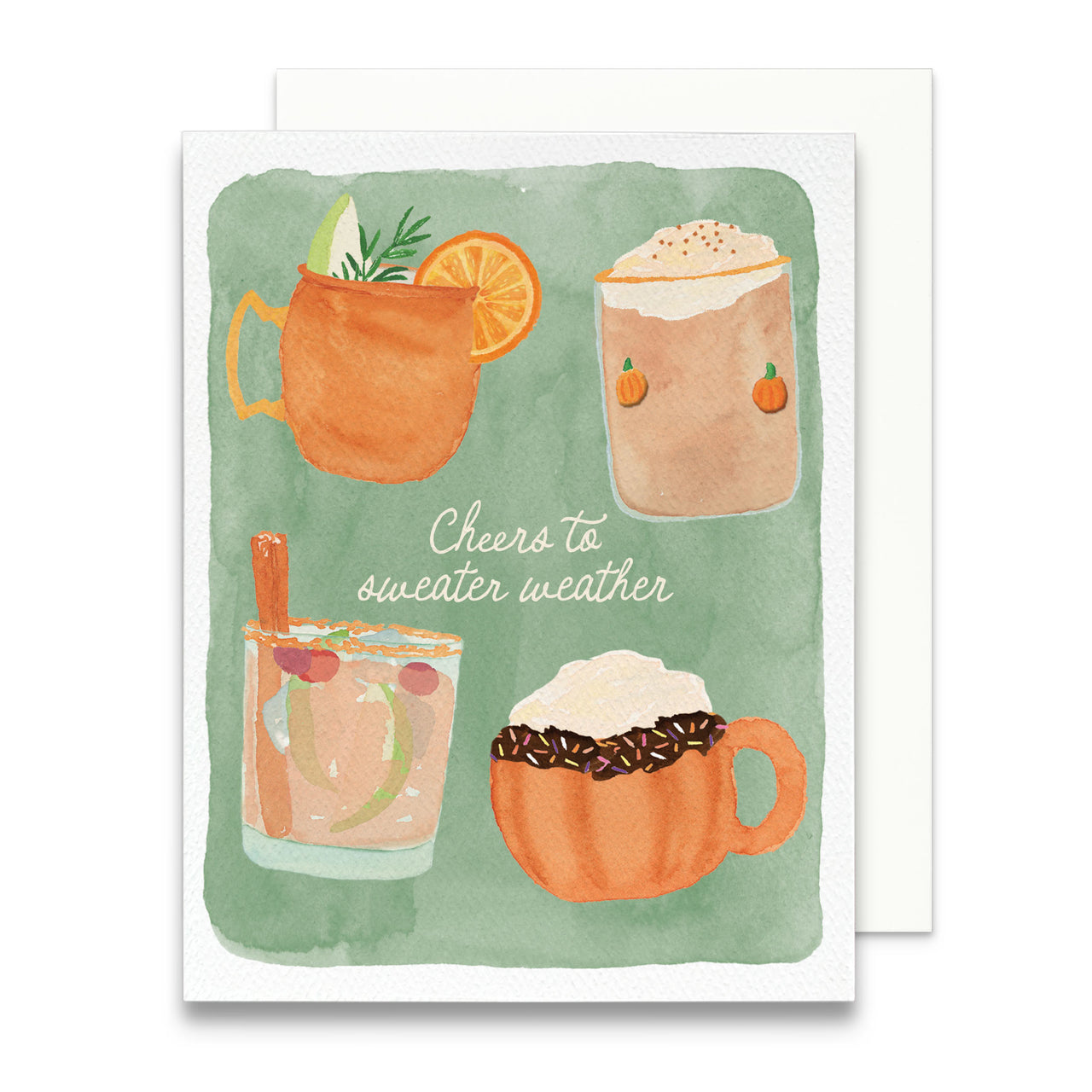 Greeting card with illustrations of drinks and 'Cheers to sweater weather' text on a green background