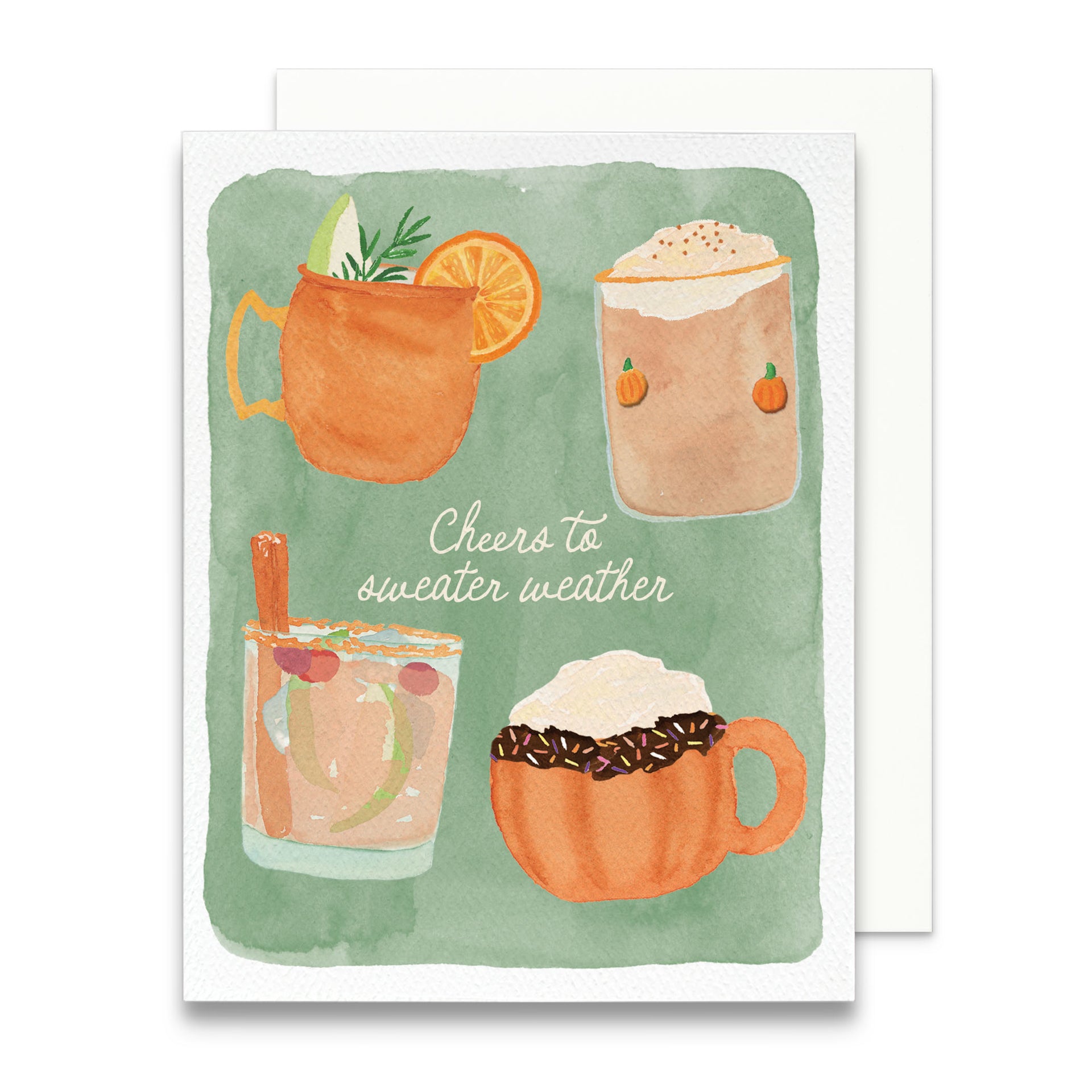 Greeting card with illustrations of drinks and 'Cheers to sweater weather' text on a green background