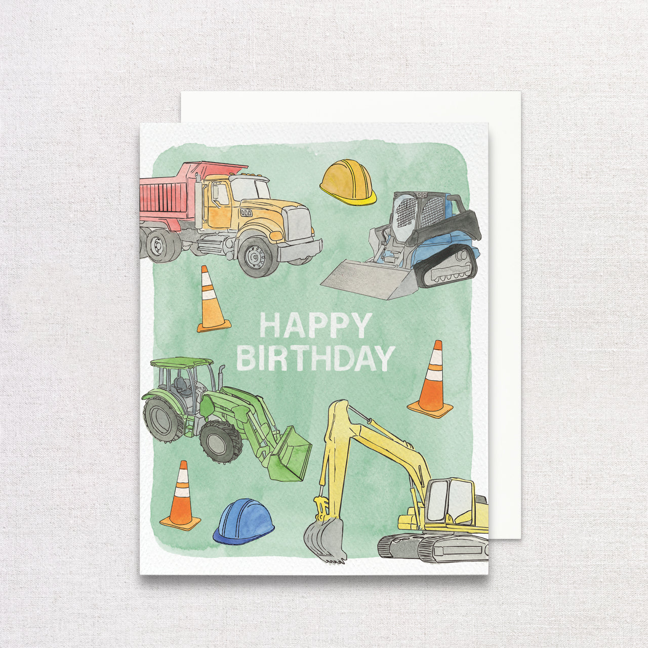 Birthday card with construction vehicle illustrations on a green background