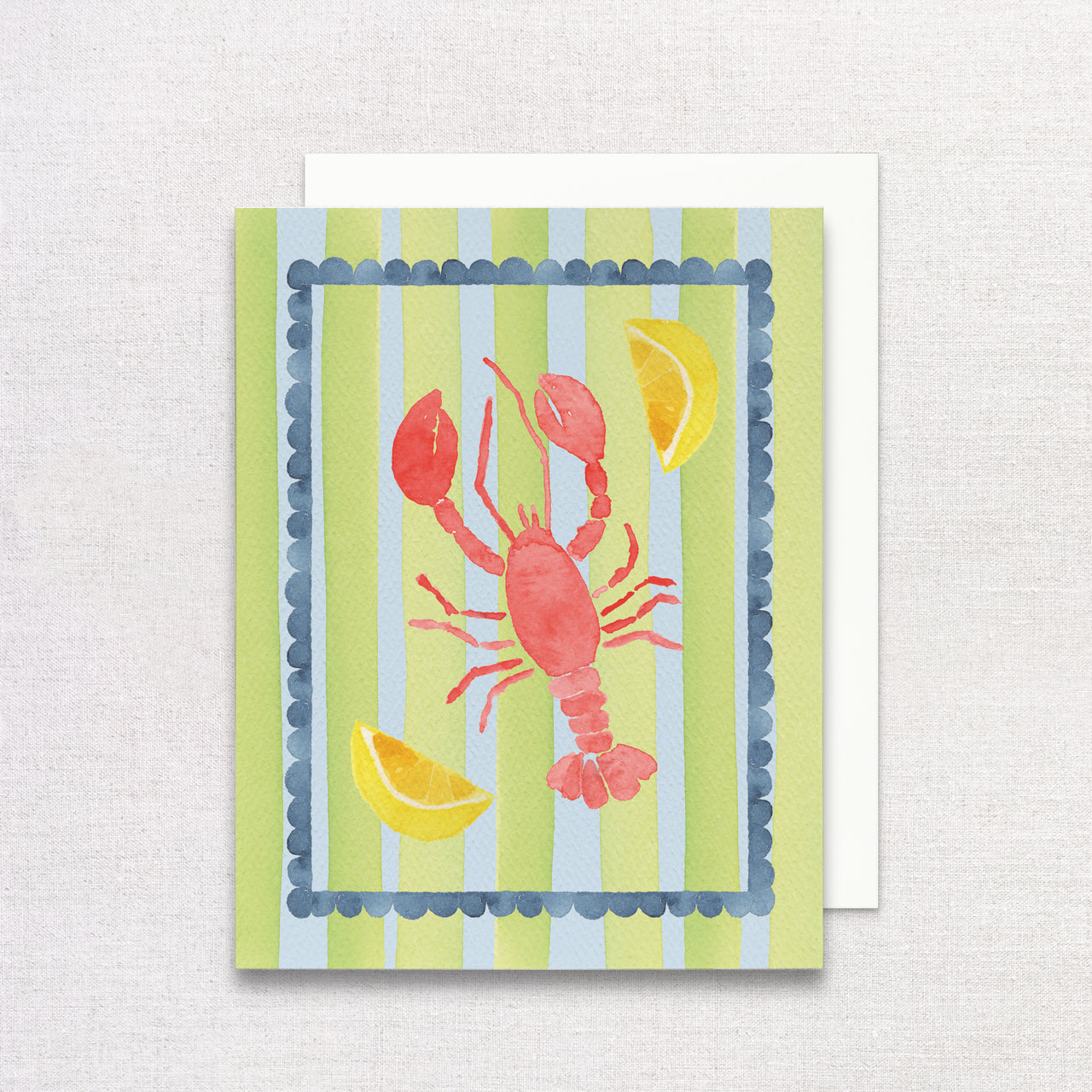 Card with a red lobster and lemon design on a striped background