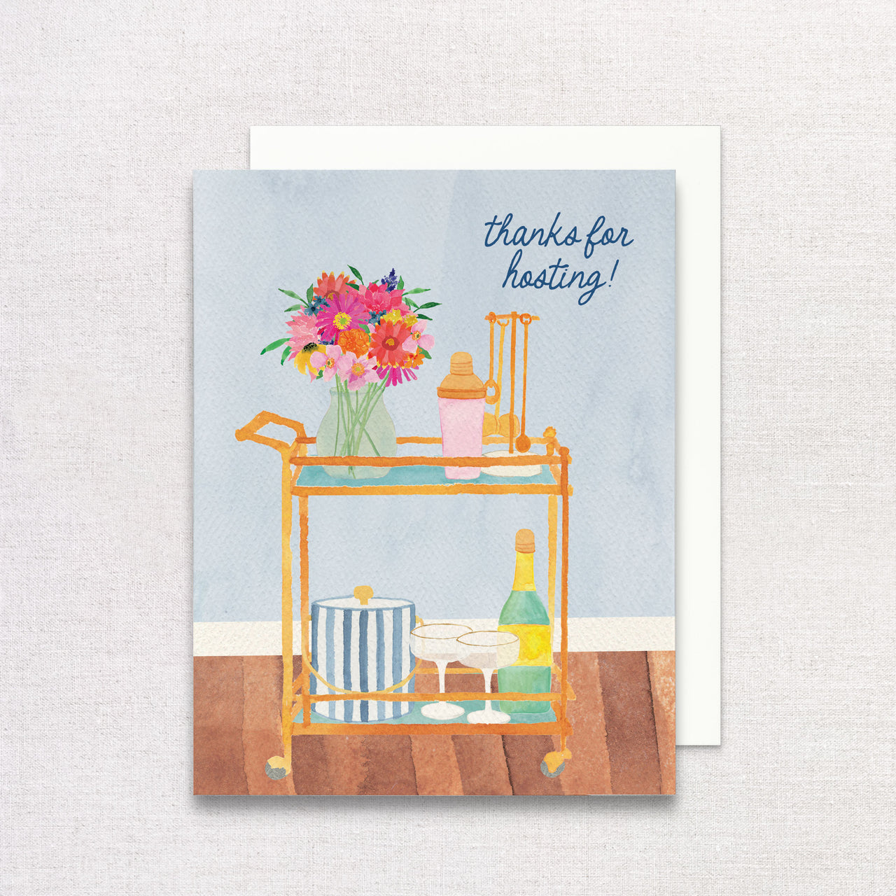 Greeting card with a bar cart illustration and 'thanks for hosting!' text on a light blue background.