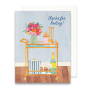 Greeting card with a bar cart illustration and 'thanks for hosting!' text on a light blue background.