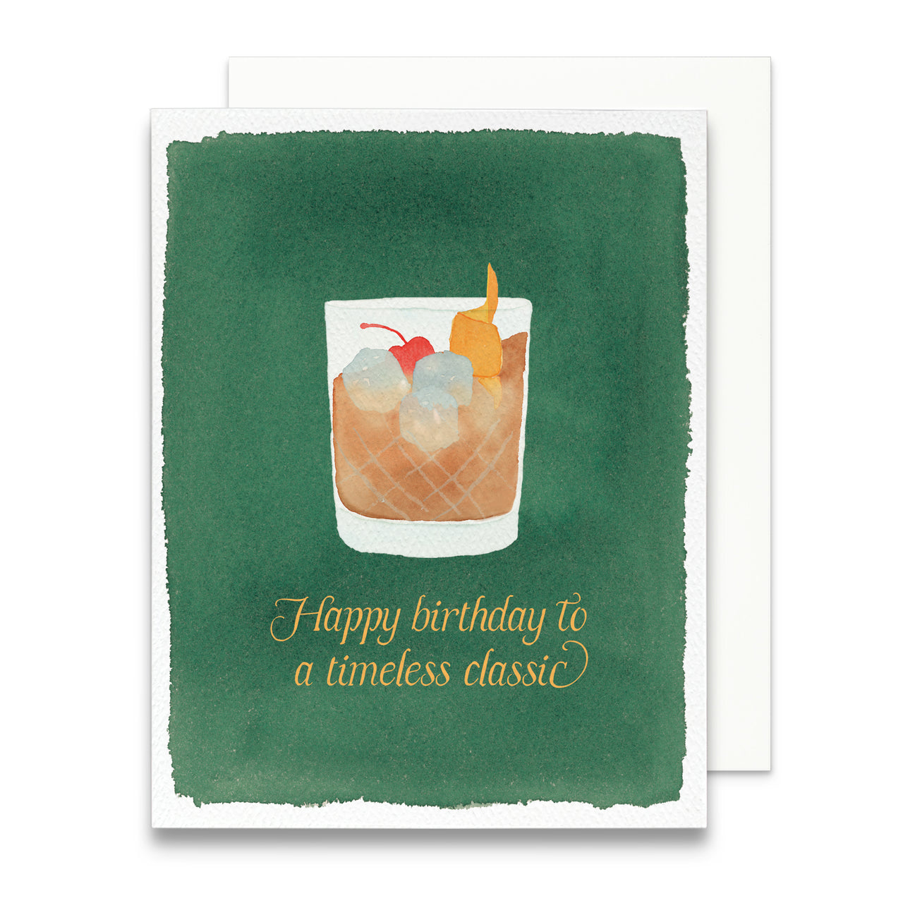 Greeting card with a cocktail illustration and 'Happy birthday to a timeless classic' text on a green background