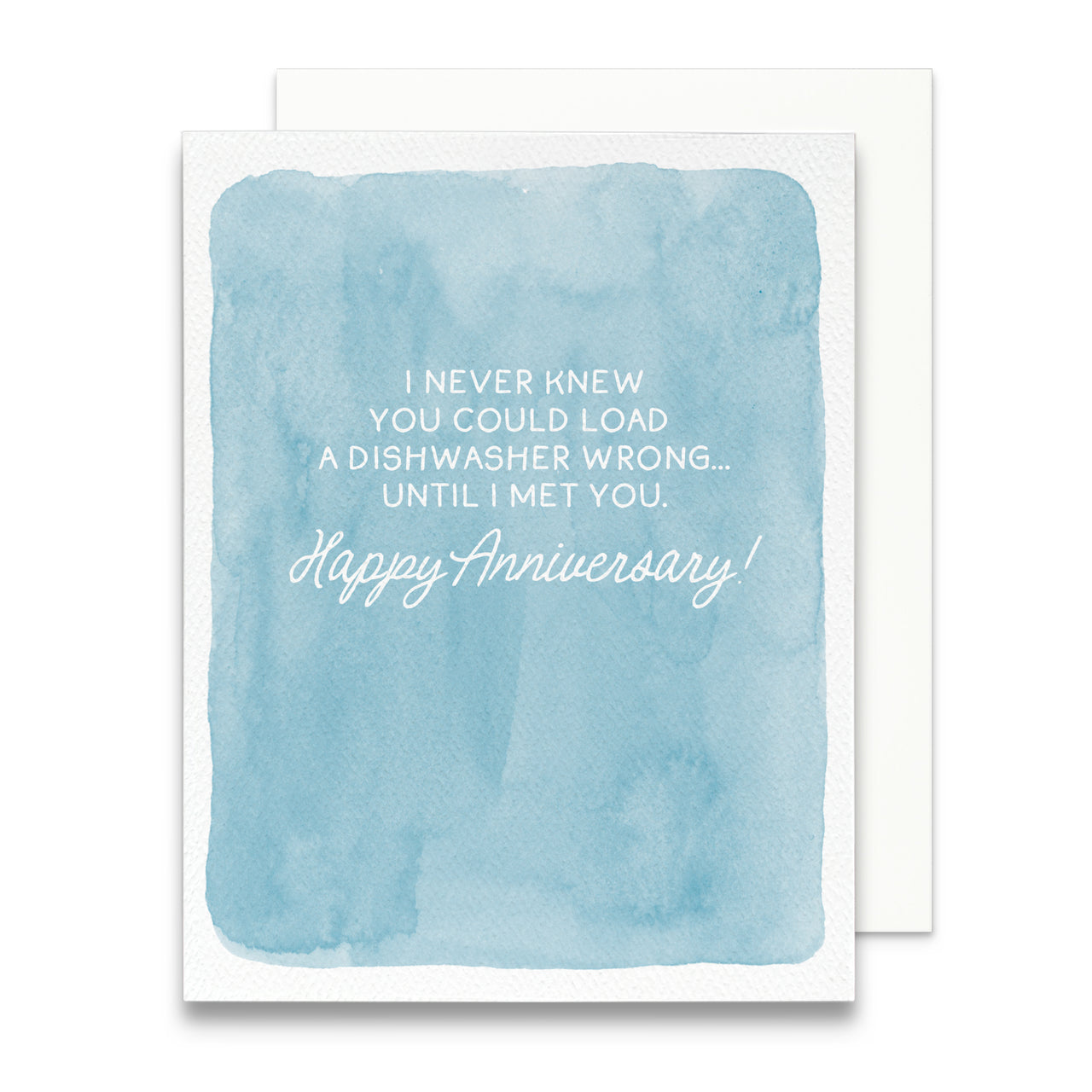 Greeting card with blue watercolor background and white text on a white background