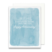 Greeting card with blue watercolor background and white text on a white background