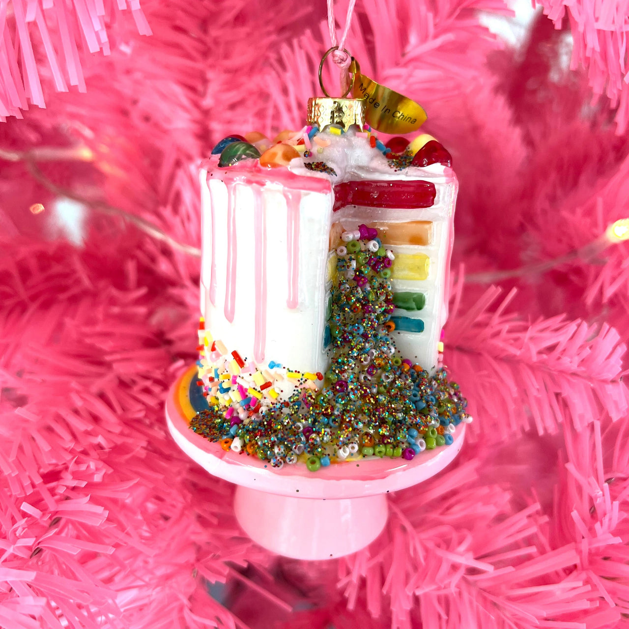 Rainbow Confetti Cake Glass Ornament
