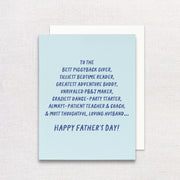 Father's Day card for husband with blue text on a light blue background