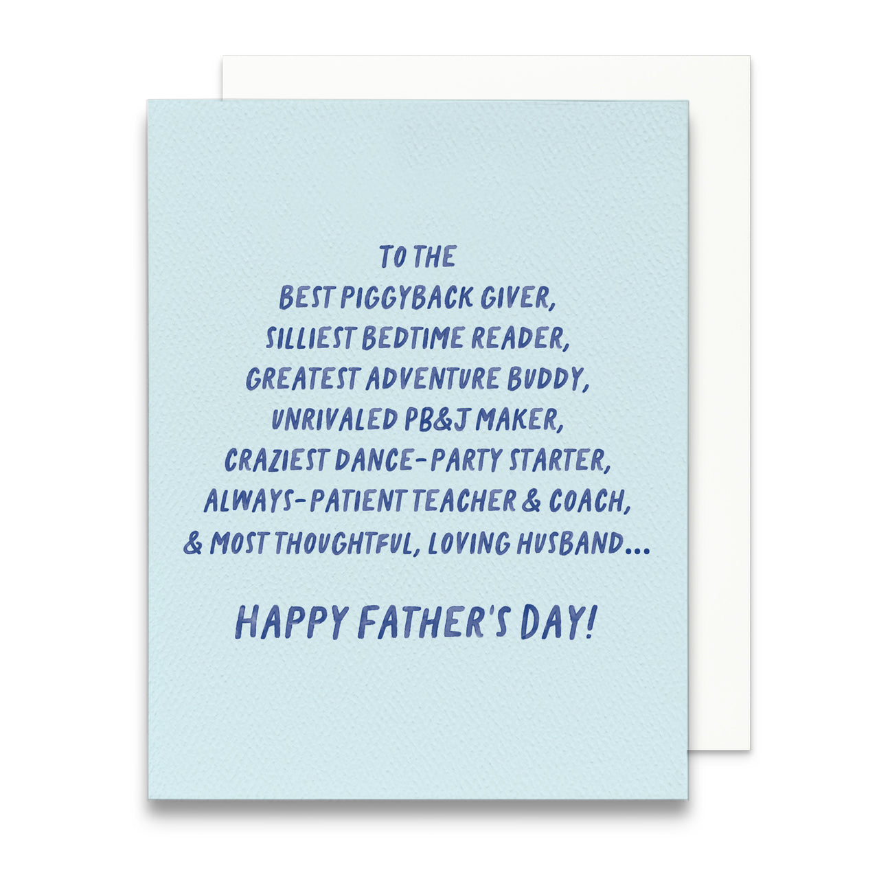 Father's Day card for husband with blue text on a light blue background