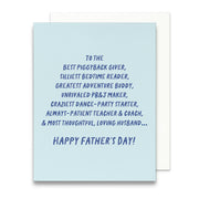 Father's Day card for husband with blue text on a light blue background