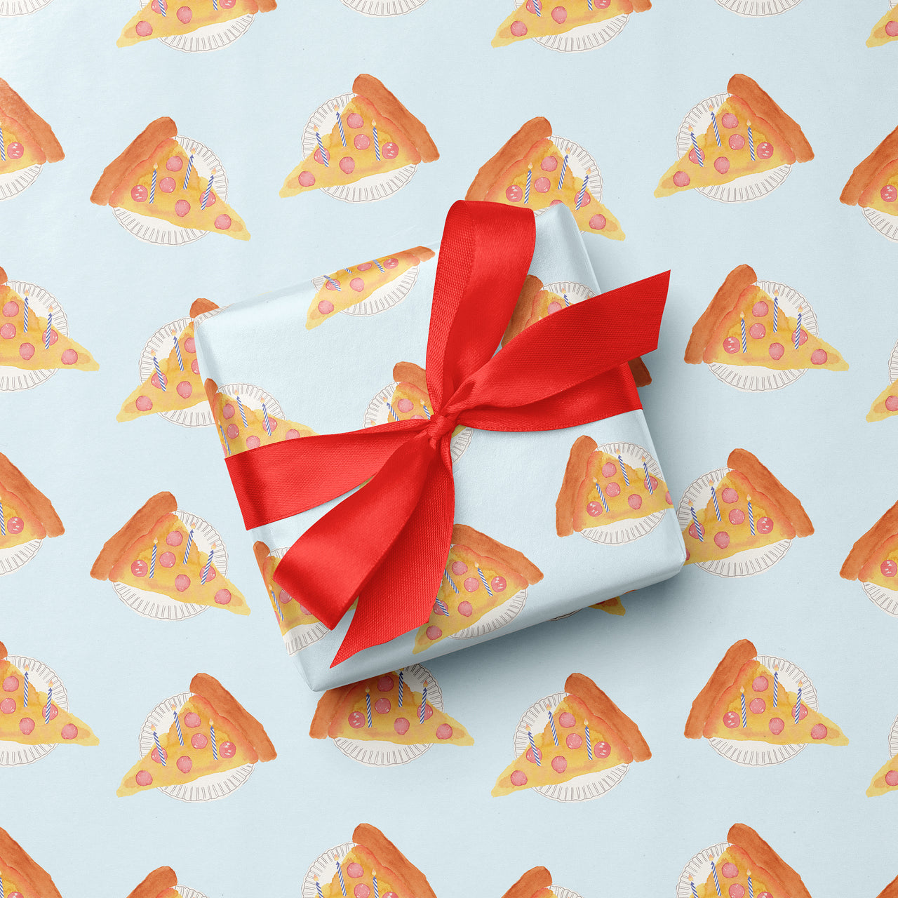 Gift box with a red ribbon on a background with pizza slice pattern
