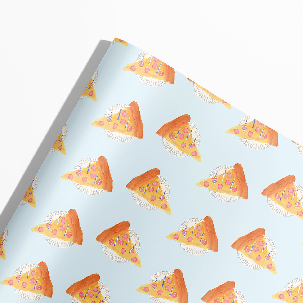 Pizza-themed wrapping paper with slices on a light blue background