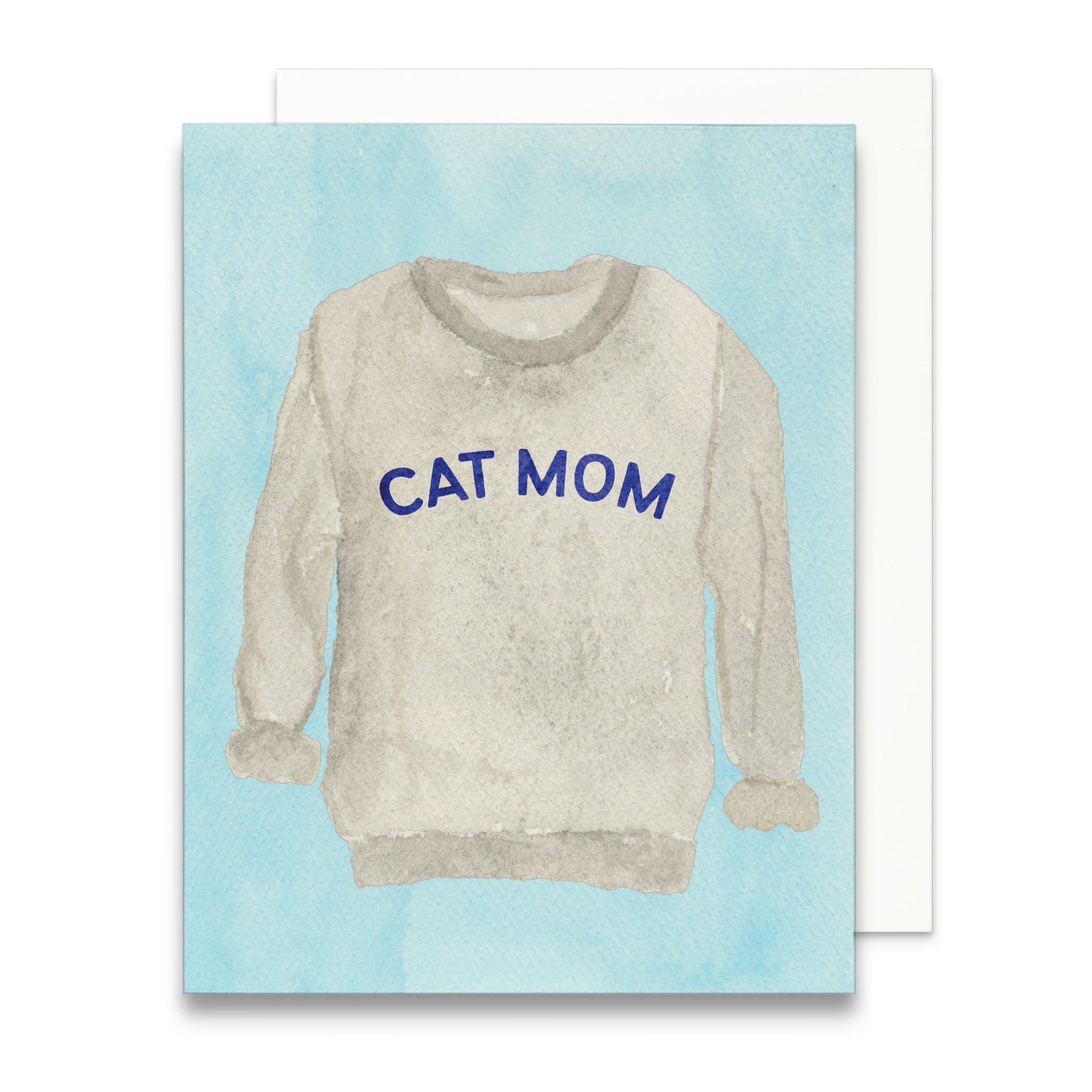 Card with a graphic of a sweater labeled 'Cat Mom' on a light blue background