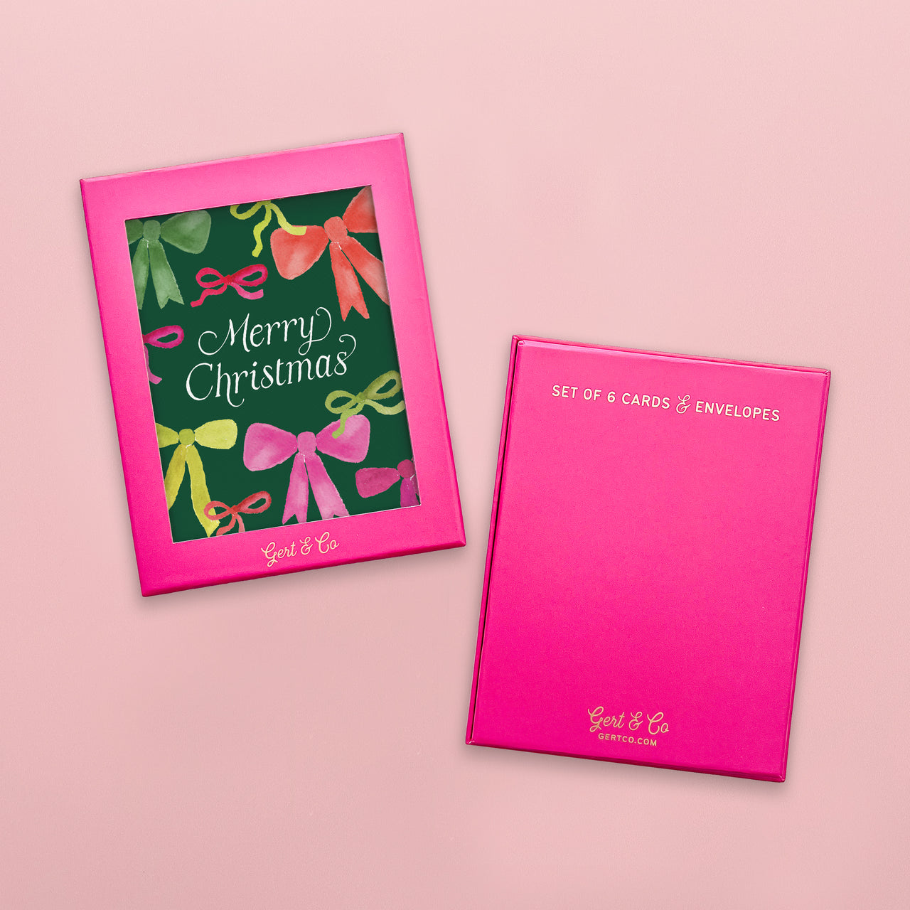 Set of Christmas cards featuring bows on a dark green background