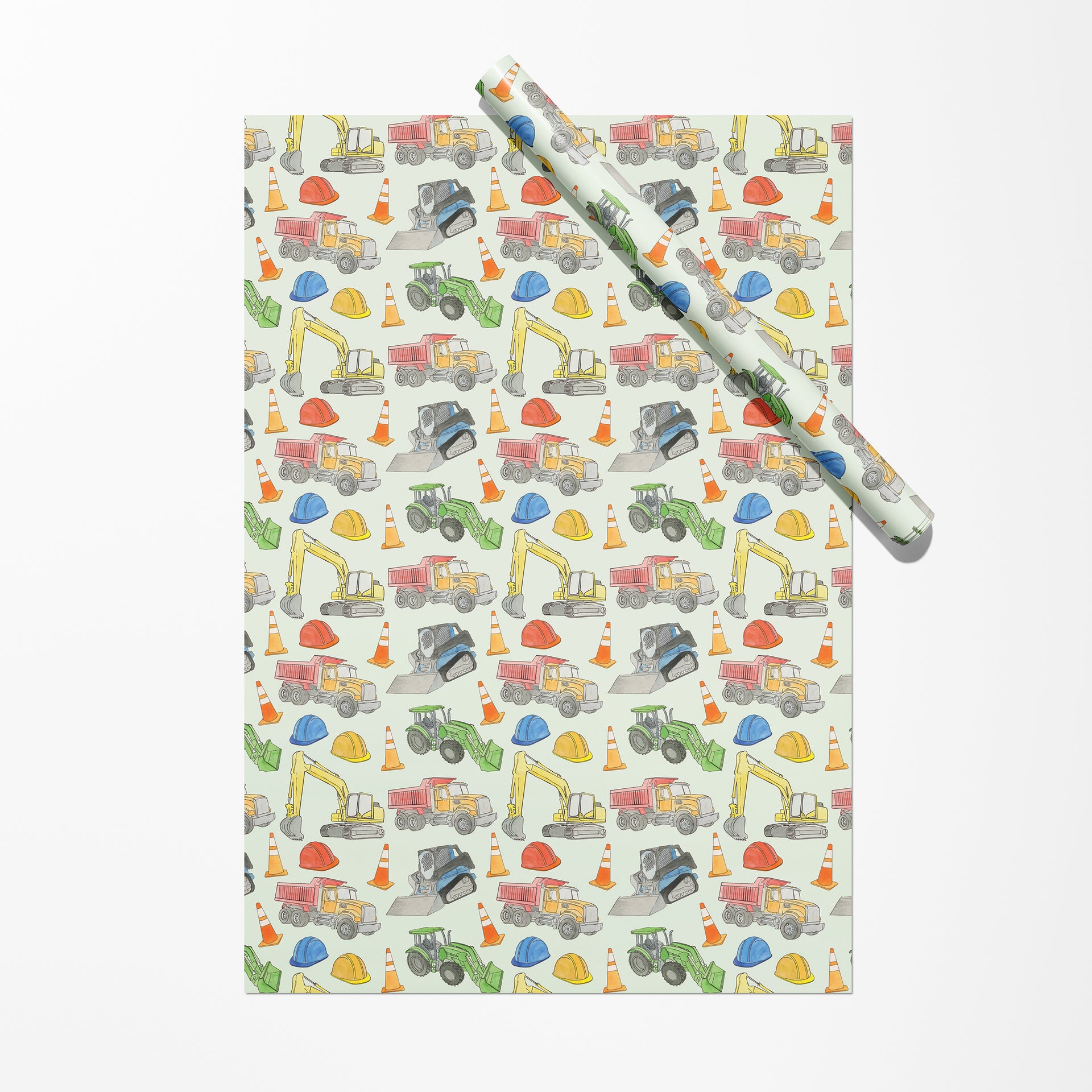Gift wrap with construction vehicle pattern on a white background