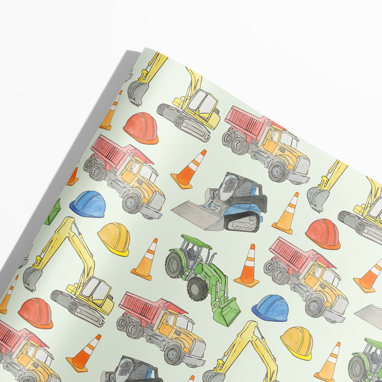 Construction vehicle and equipment pattern on a light green background