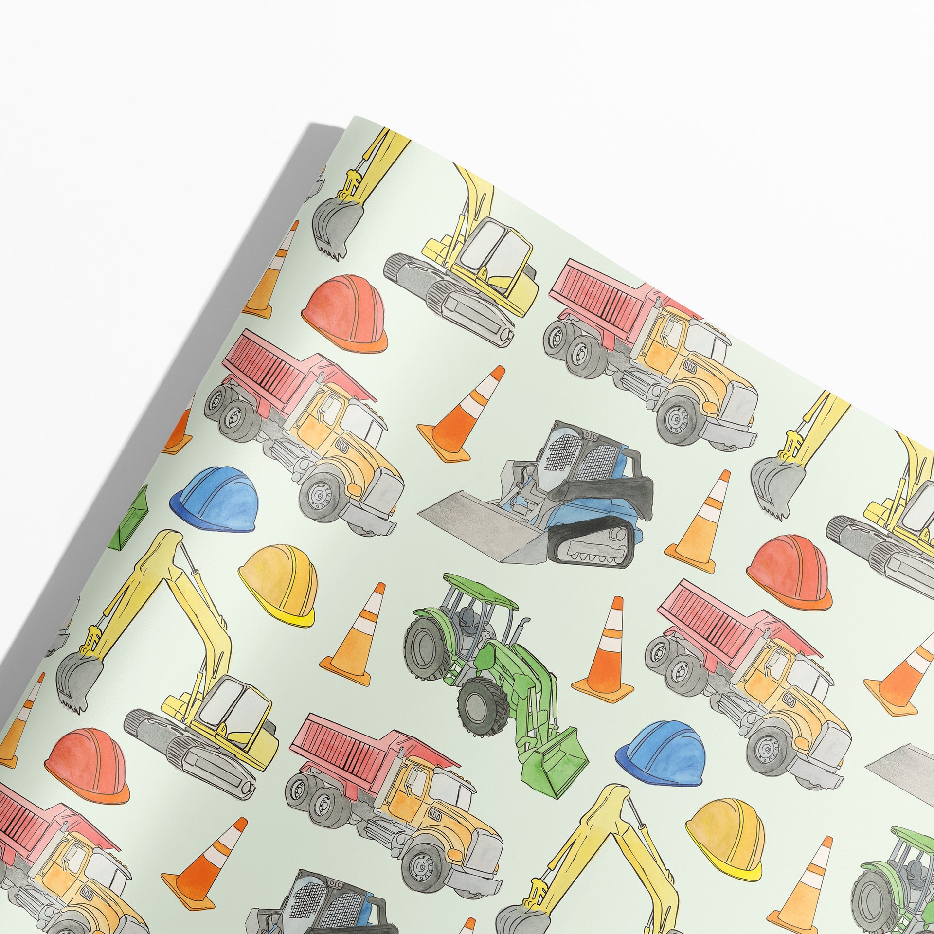 Construction vehicle and equipment pattern on a light green background