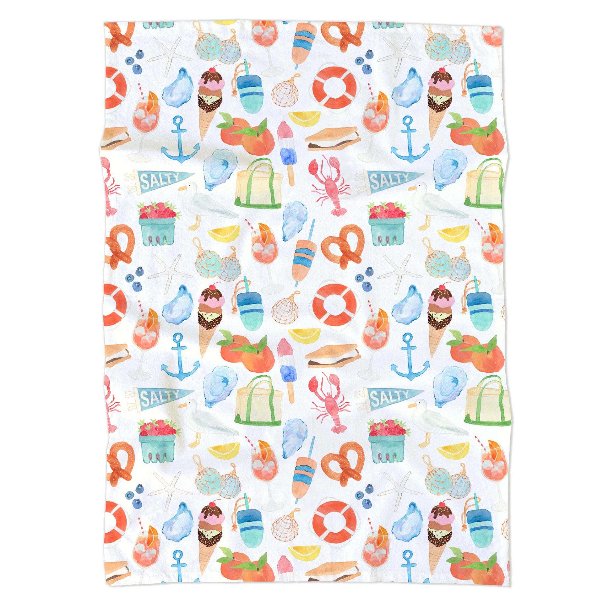 Tea Towel featuring hand-painted East Coast summer icons