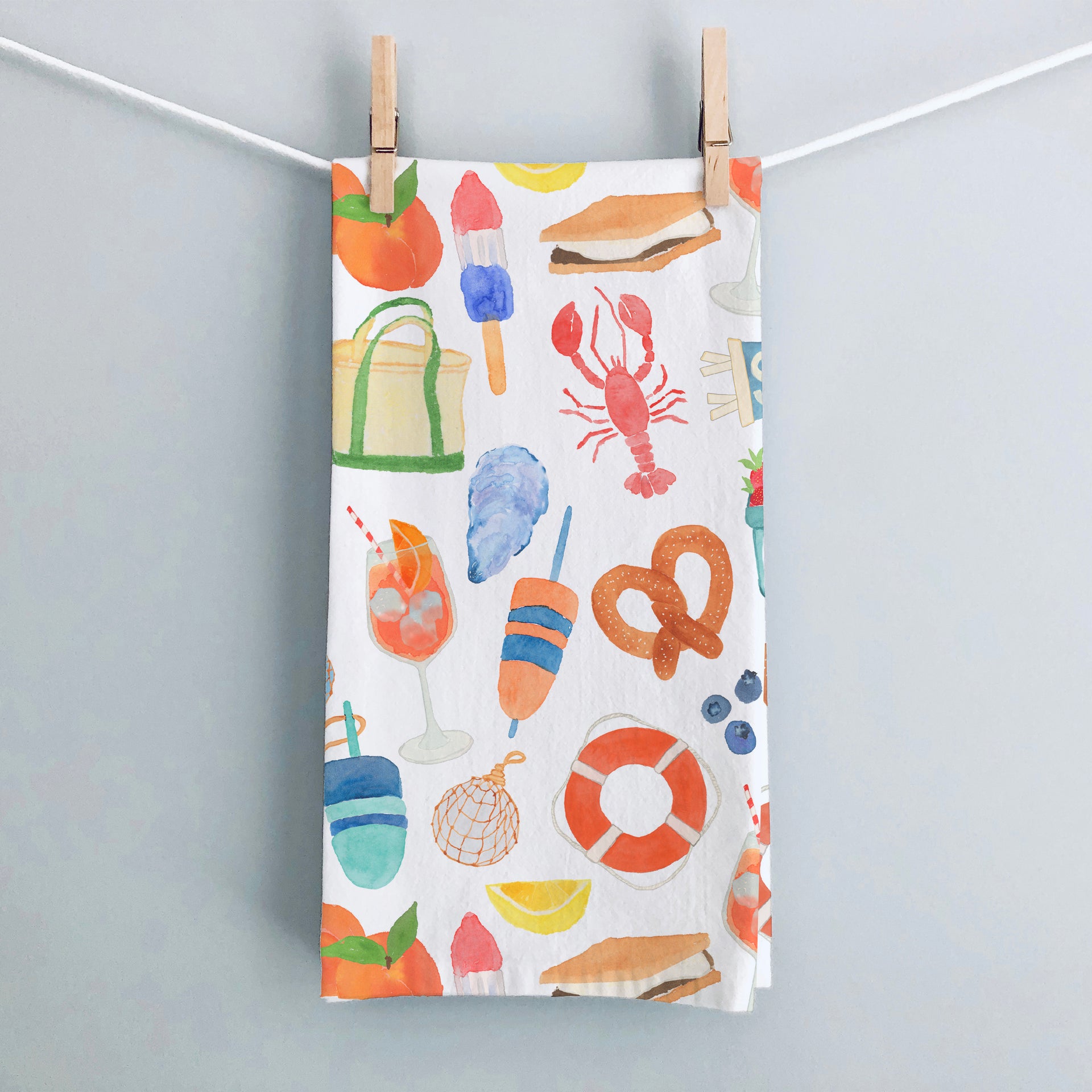 Tea Towel featuring hand-painted East Coast summer icons