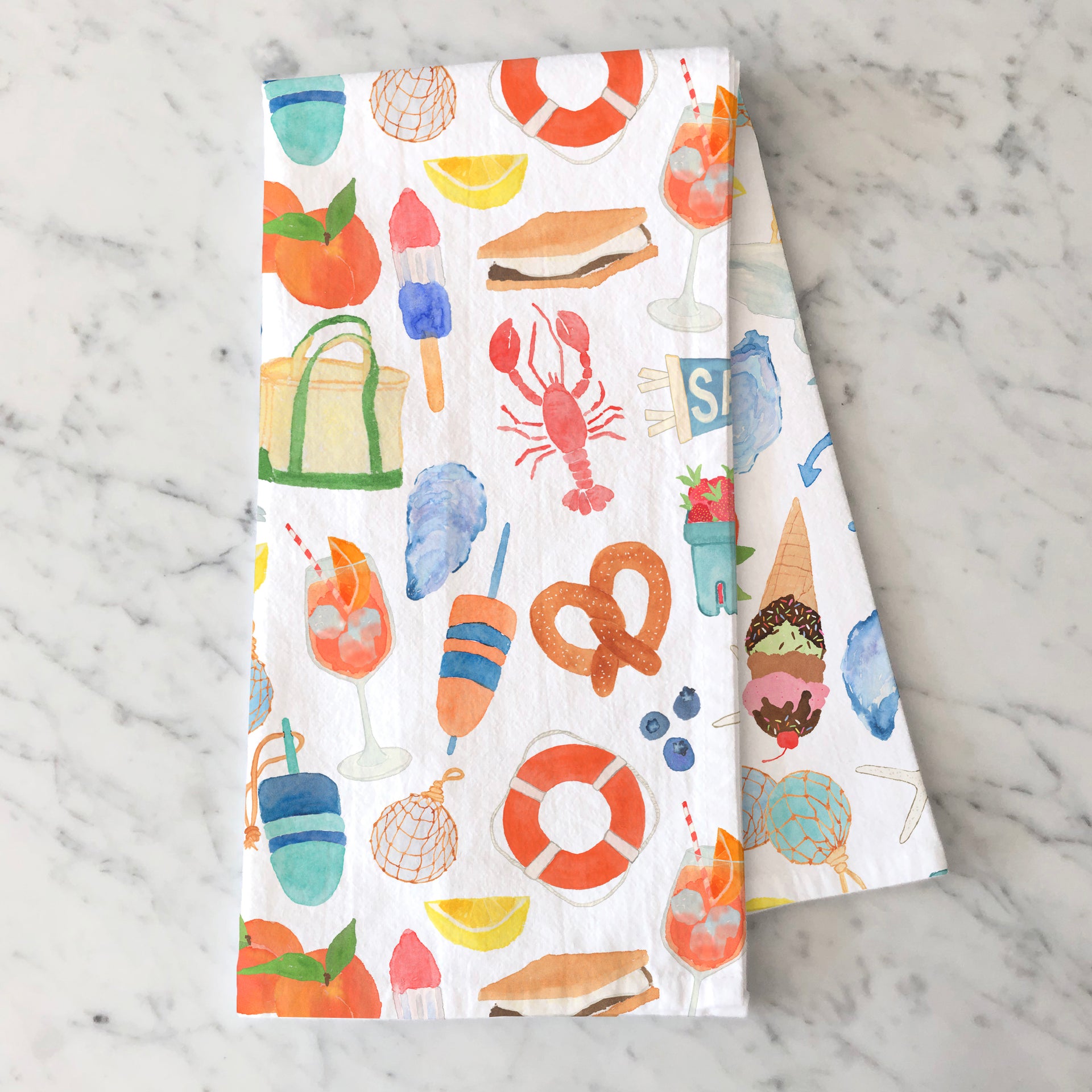 Tea Towel featuring hand-painted East Coast summer icons
