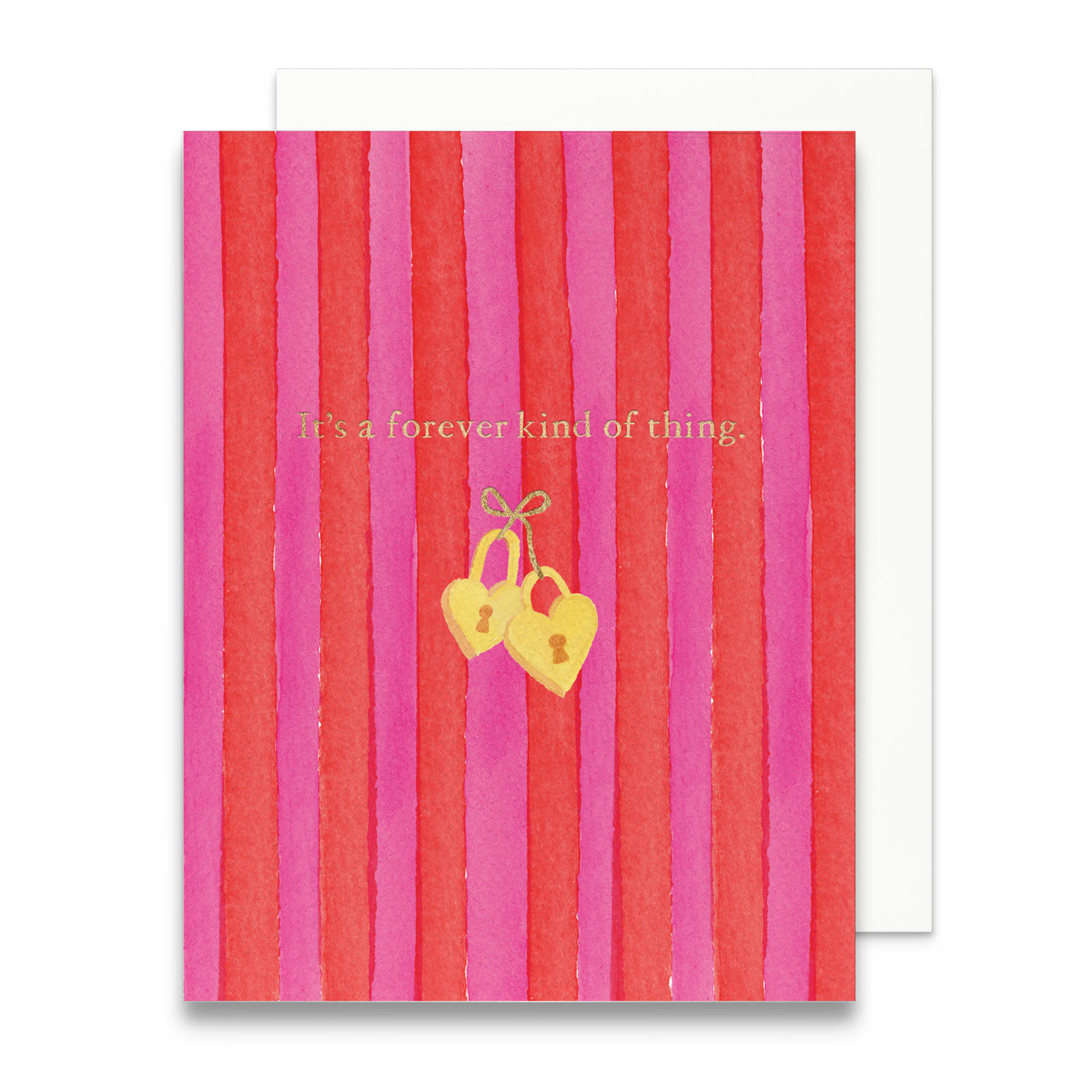 Greeting card with red and pink striped pattern and gold heart-shaped locks.