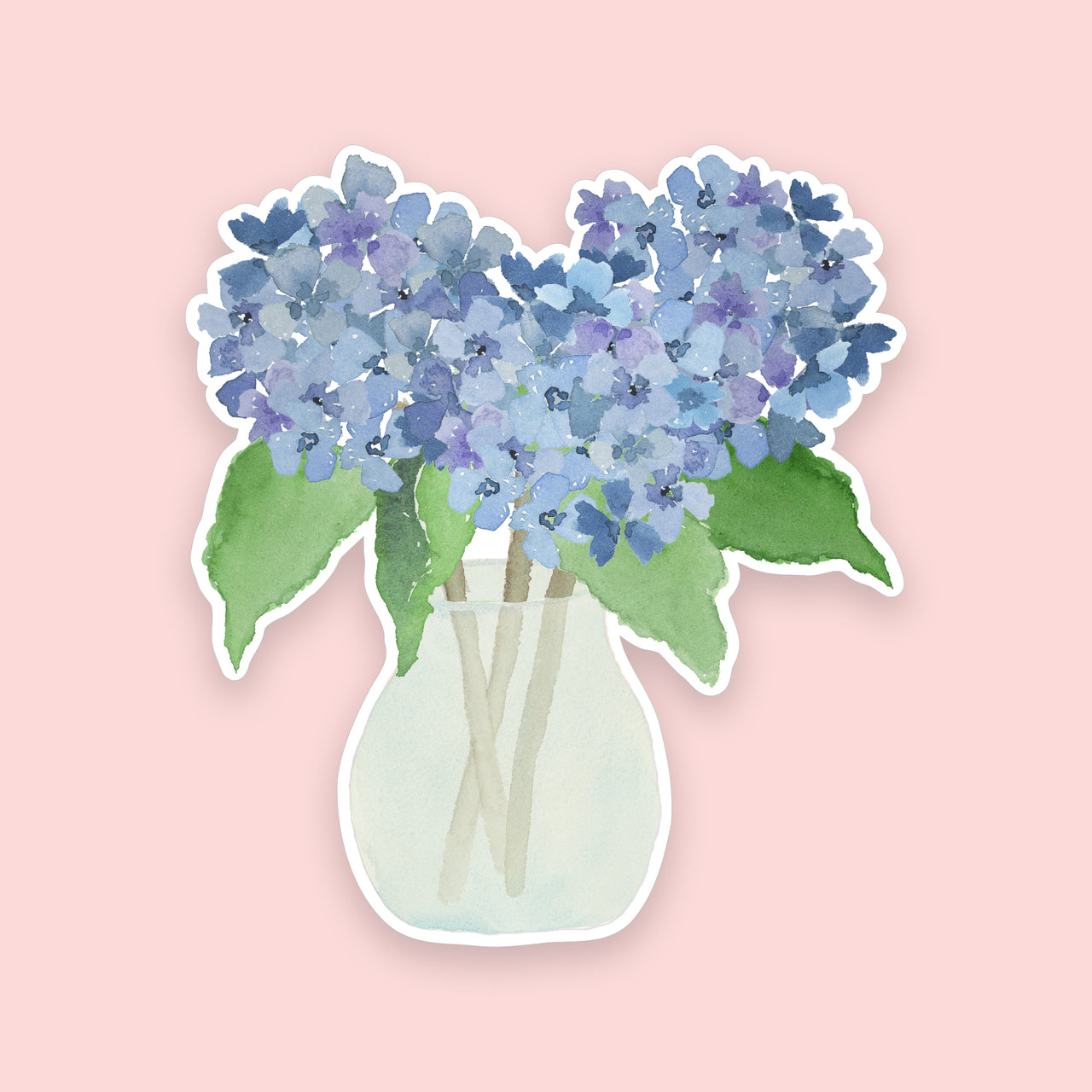 Sticker of blue hydrangeas in a clear vase on a pink background