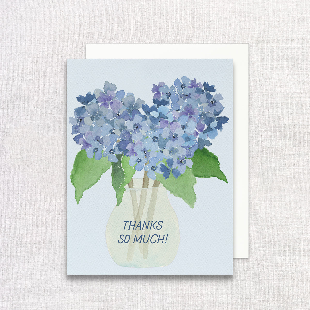 Greeting card with blue hydrangeas and 'Thanks So Much!' text on a light blue background
