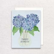 Greeting card with blue hydrangeas and 'Thanks So Much!' text on a light blue background
