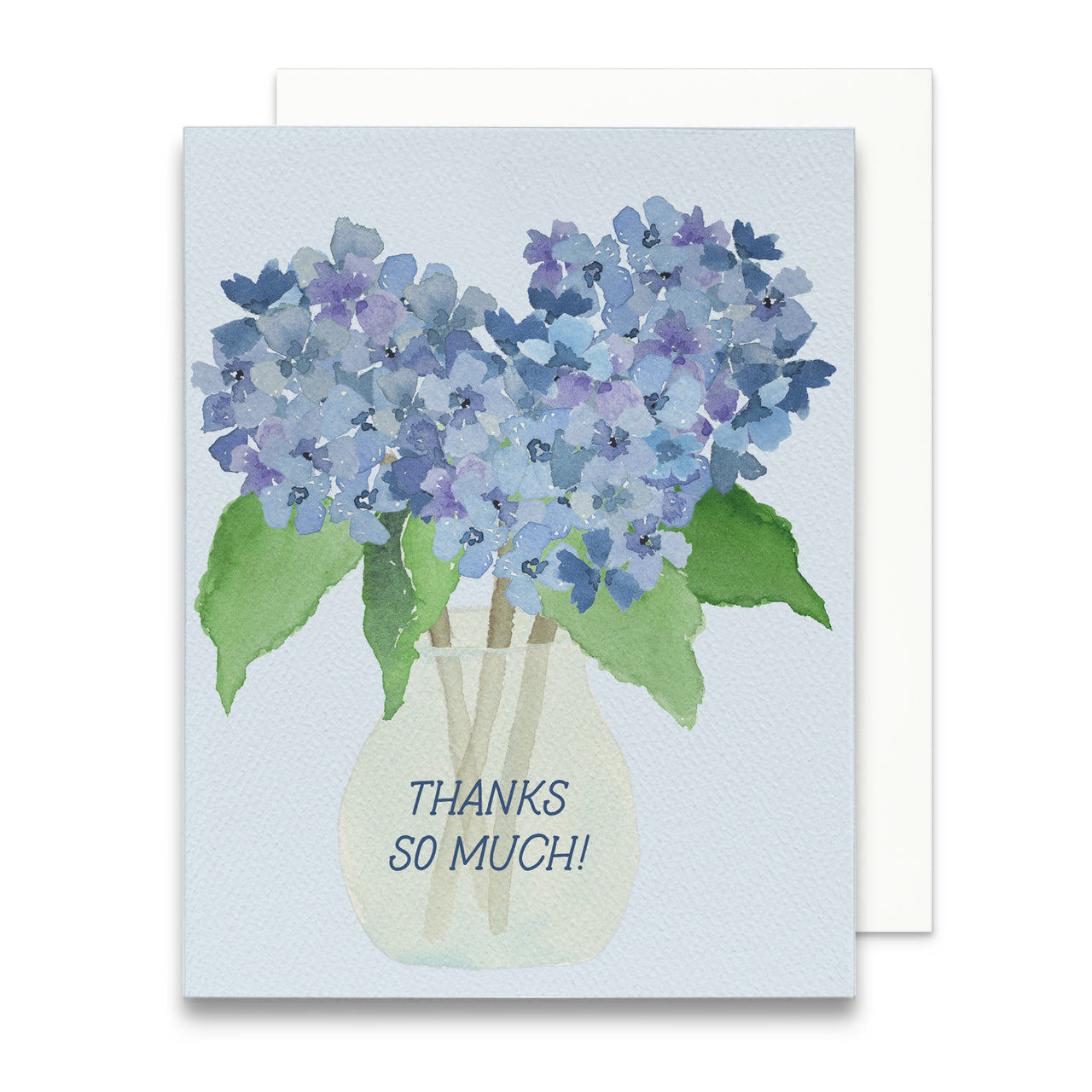Card with blue flowers in a vase and 'Thanks So Much!' text on a light blue background