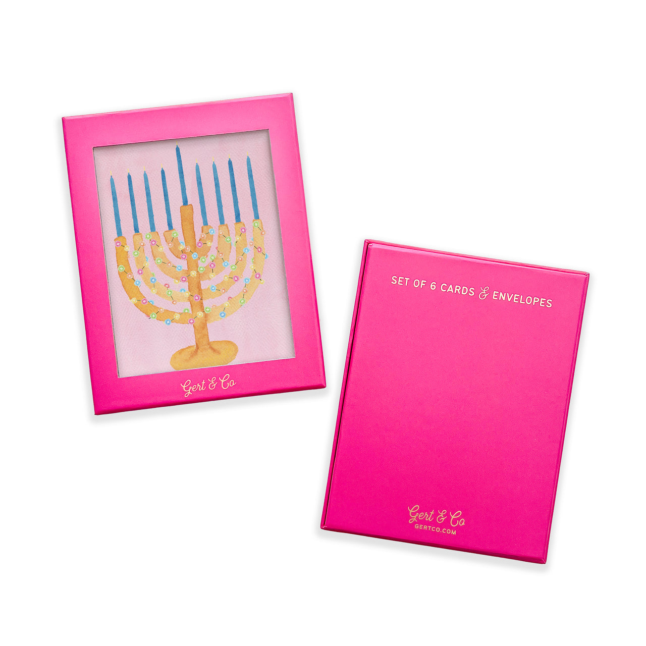 Set of cards with a Menorah design on a pink card and matching envelope.