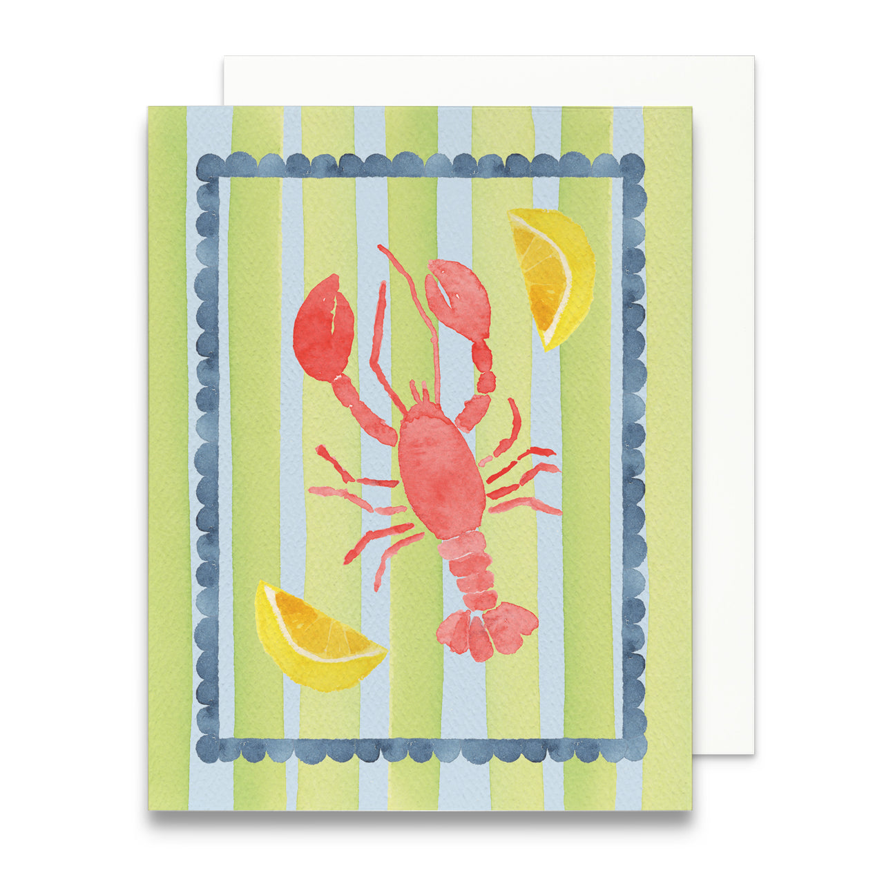 Card with a red lobster and lemon design on a striped background