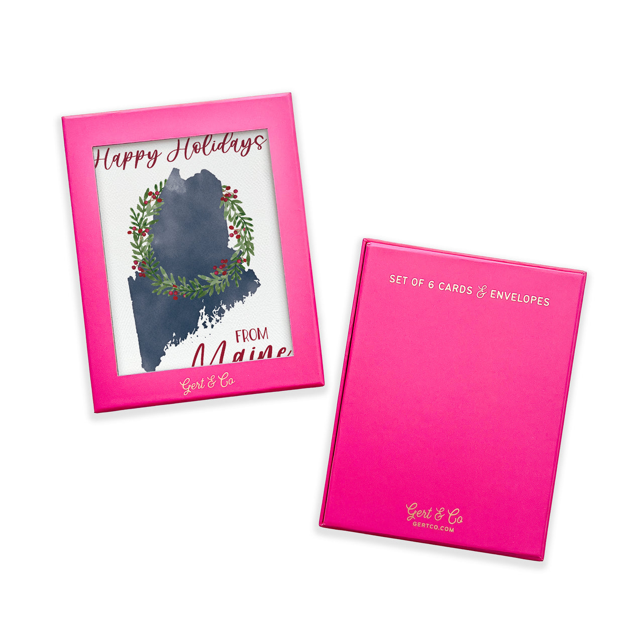 Set of 6 Maine holiday greeting cards with pink packaging
