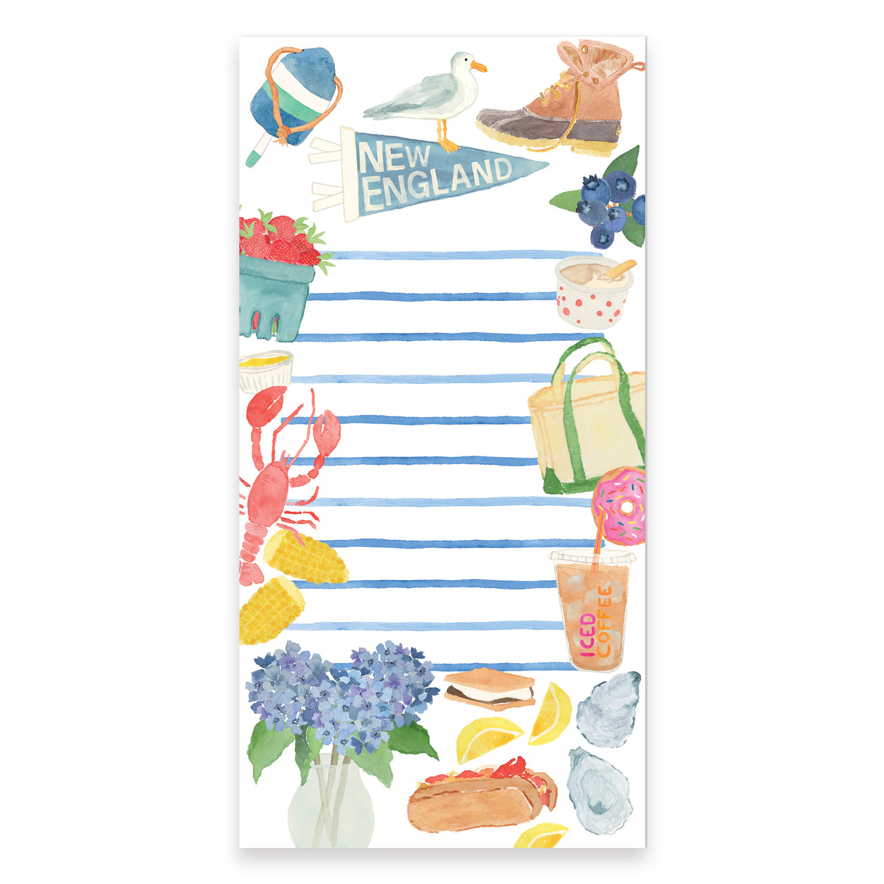 Notepad with New England-themed illustrations on a white background