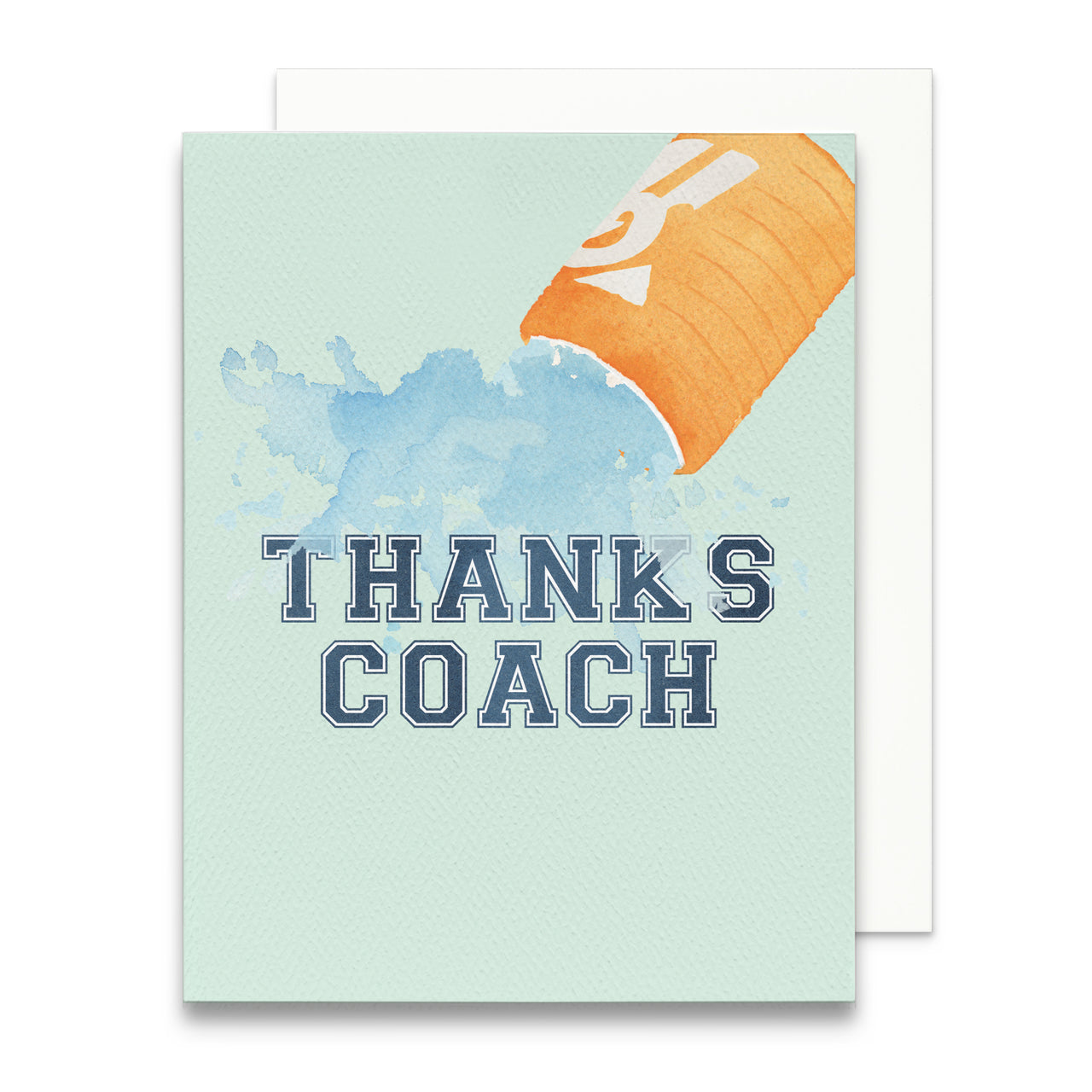 Greeting card with 'Thanks Coach' text and a sports ball design on a light green background