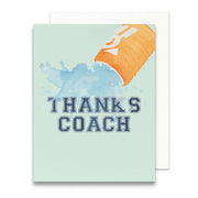 Greeting card with 'Thanks Coach' text and a sports ball design on a light green background