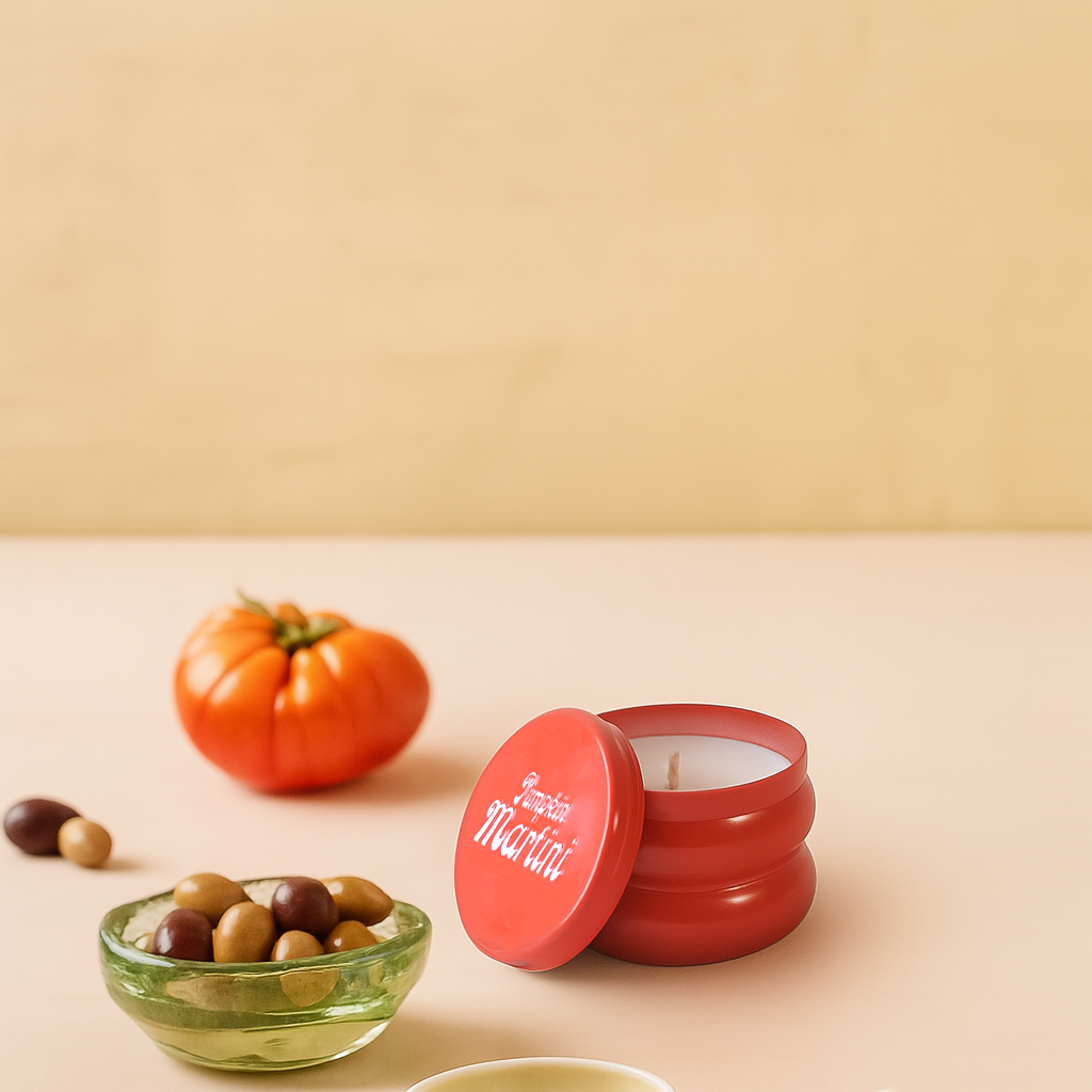 A red wax candle in a ribbed round tin with its lid leaning beside it, set on a beige surface against a warm beige background. The lid has white script text reading 'Pompom Martin'.