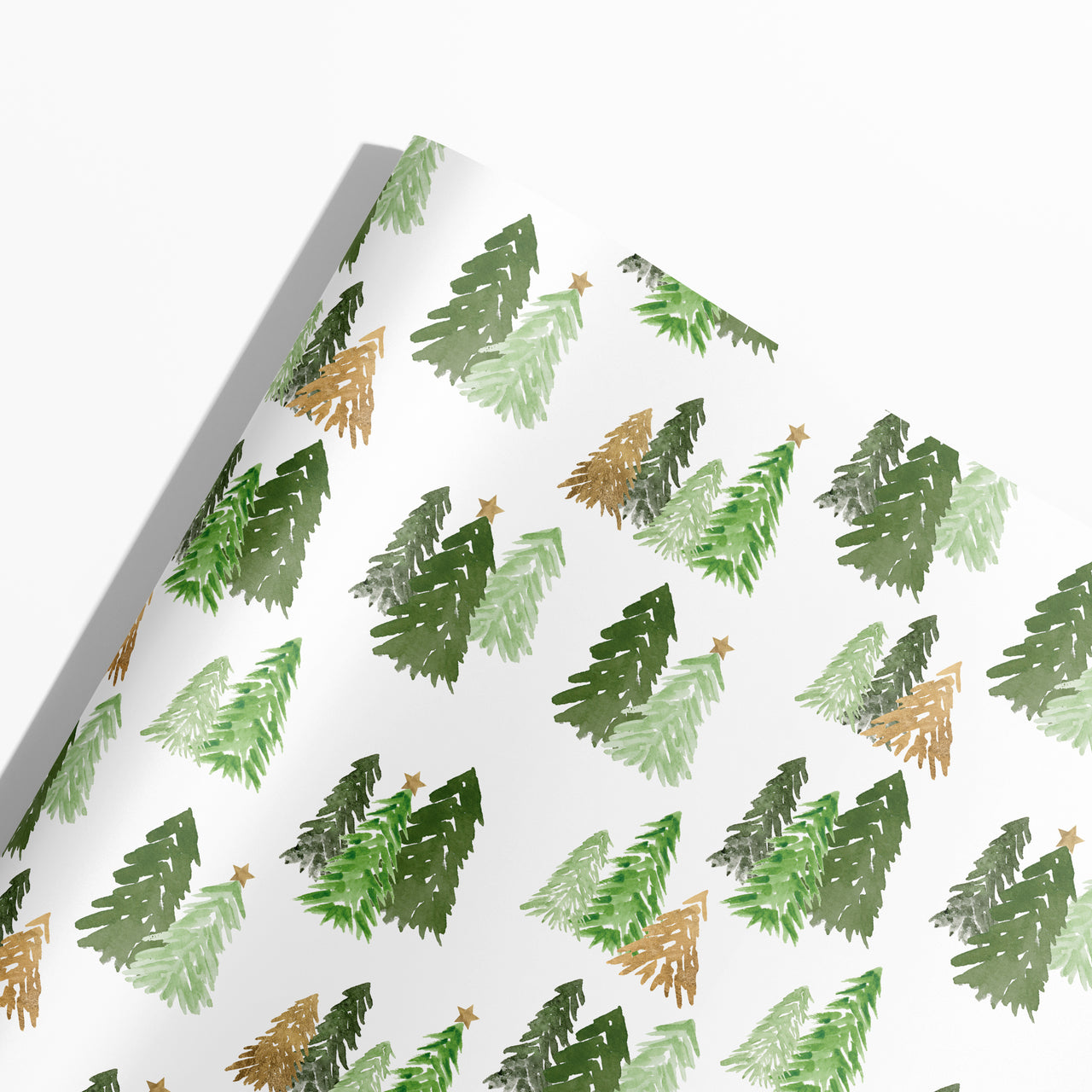 Watercolor Forest Trees And Gold Stars Gift Wrap