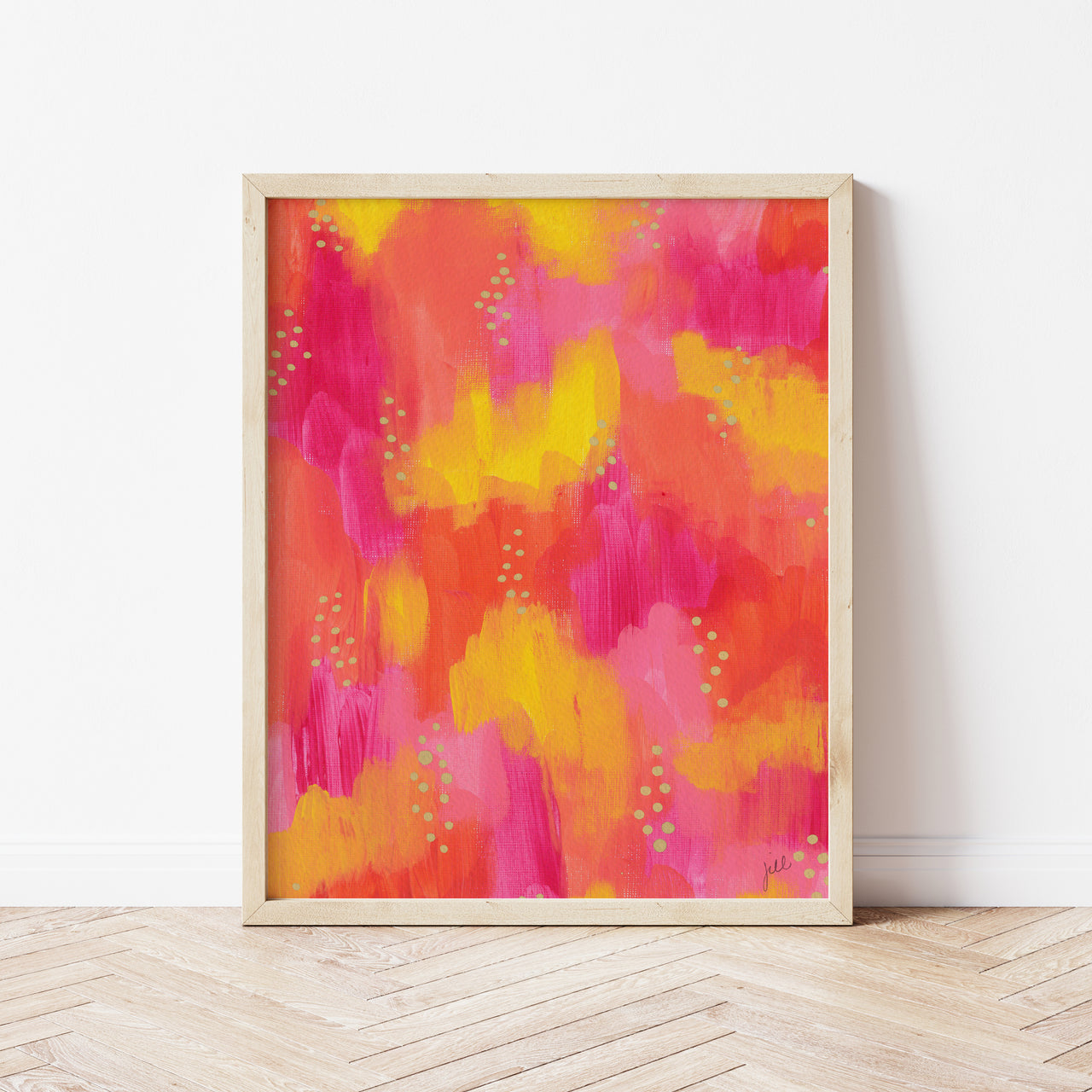 Pink Abstract Print with Gold Dots