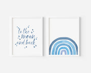To the moon and Blue Watercolor Rainbow Art Print by Gert & Co